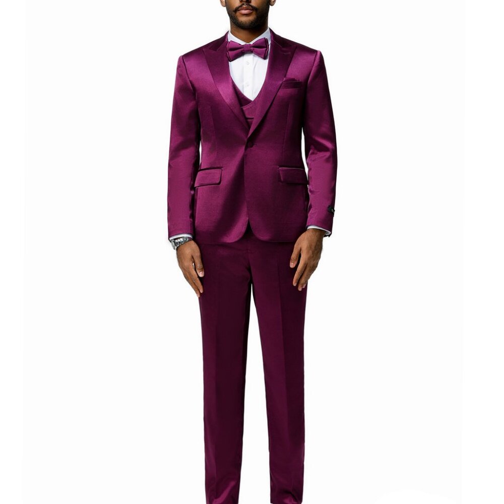 Purple Satin Textured Peak Lapel 3 Piece Skinny Fit Tazzio Men's Suit
